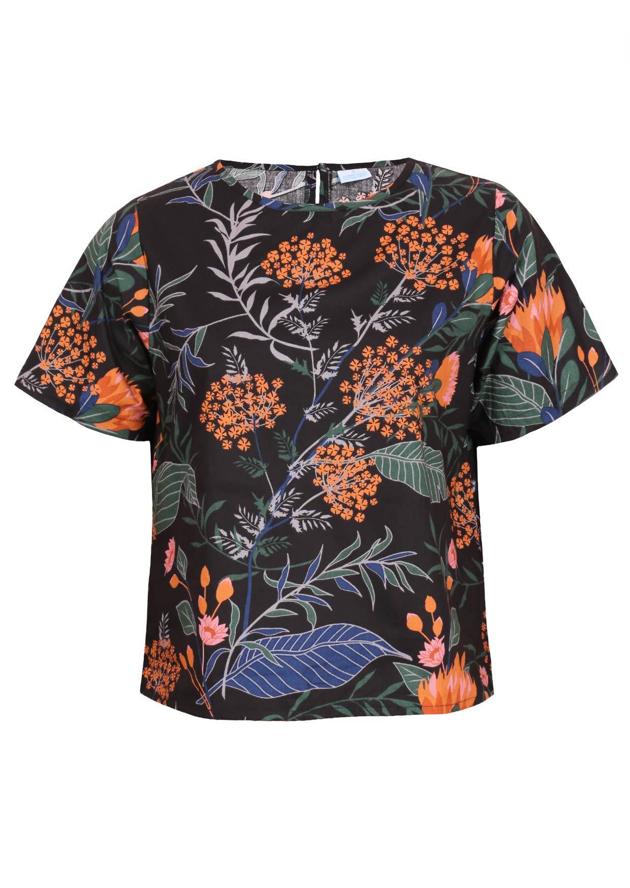 Black loose fit cotton top with colorful botanical print, high round neckline and short sleeves