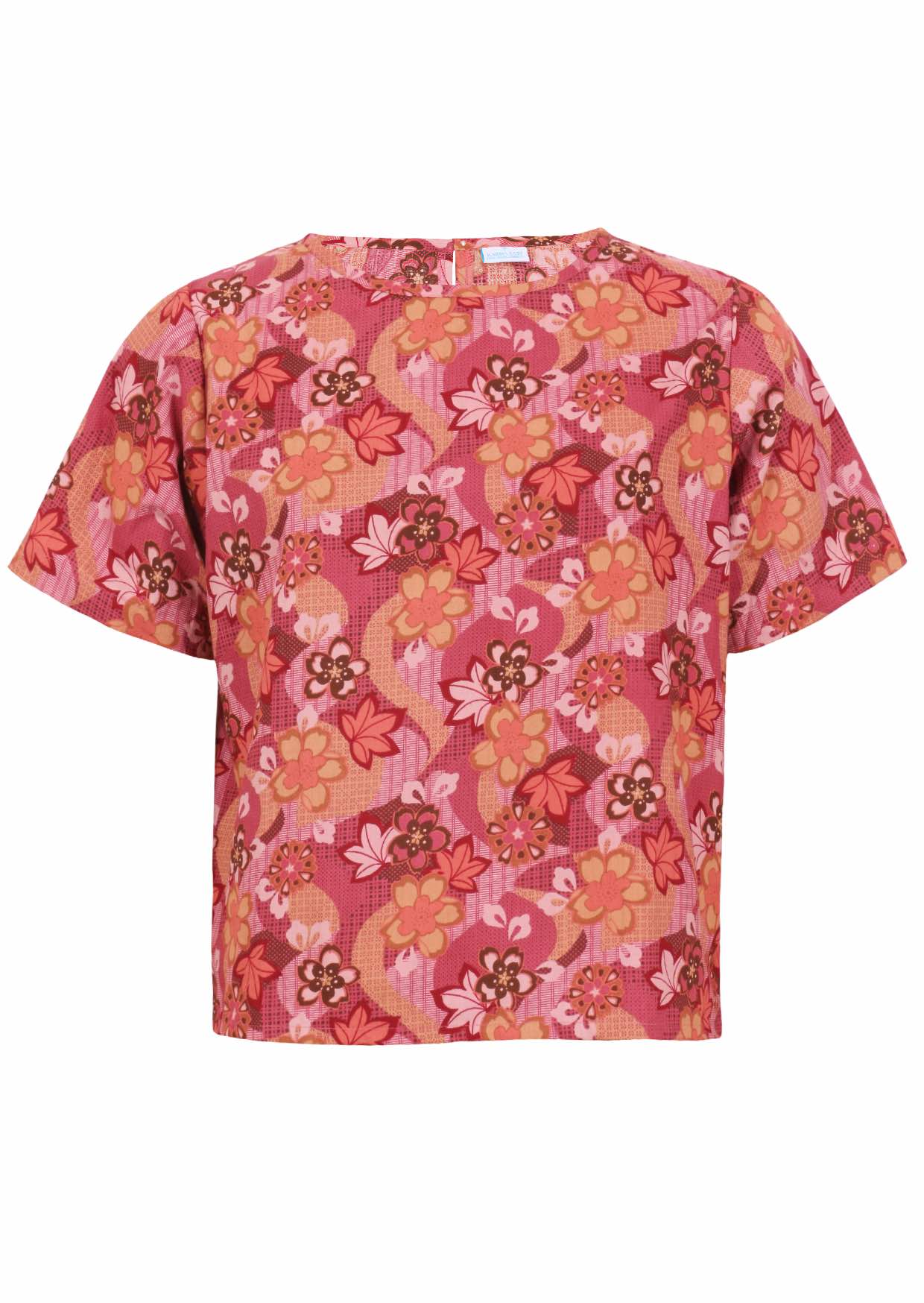 Japanese-style print cotton top in pink, maroon, brown, peach, and khaki tones with round neckline.