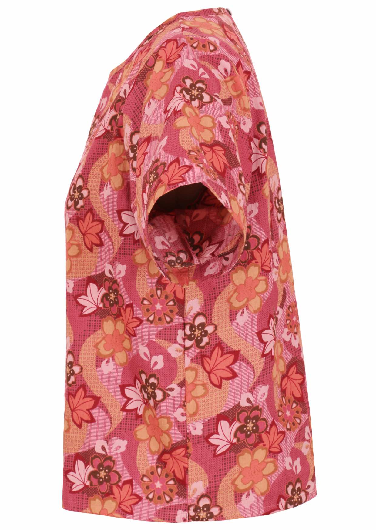 Japanese-style print cotton top in pink, maroon, brown, peach, and khaki tones with short sleeves.