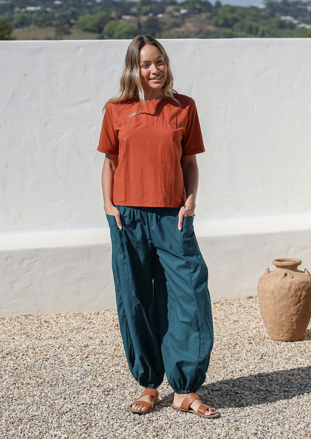 Pilot Pants high-mid waist waistband elasticated back flat front loose fitted leg elasticated at ankles front pockets 100% cotton light weight deep teal