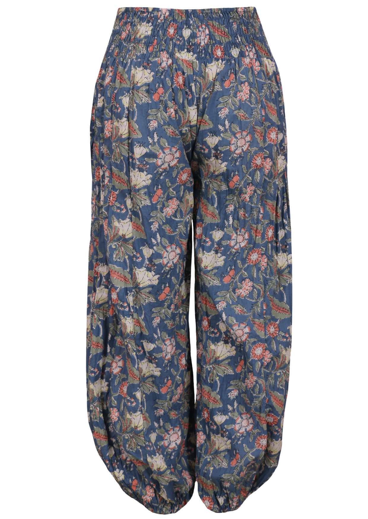Relaxed fit cotton harem pants in dusty blue with sweet floral print, elasticated waist and ankles