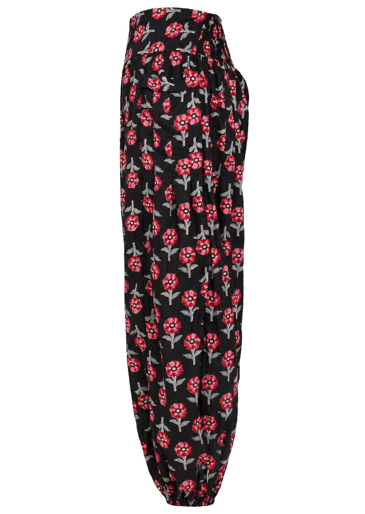 Black based floral print cotton harem pants with elasticated back waistband.