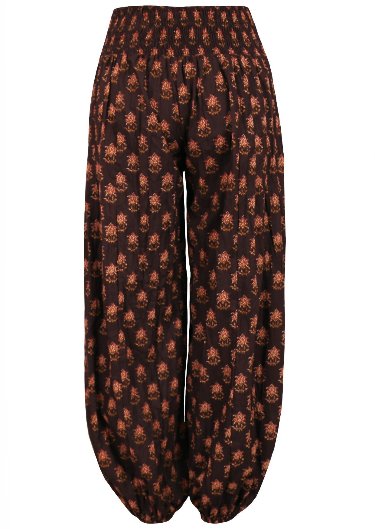 Stylish cotton harem pants with wide elasticised waist at the back.