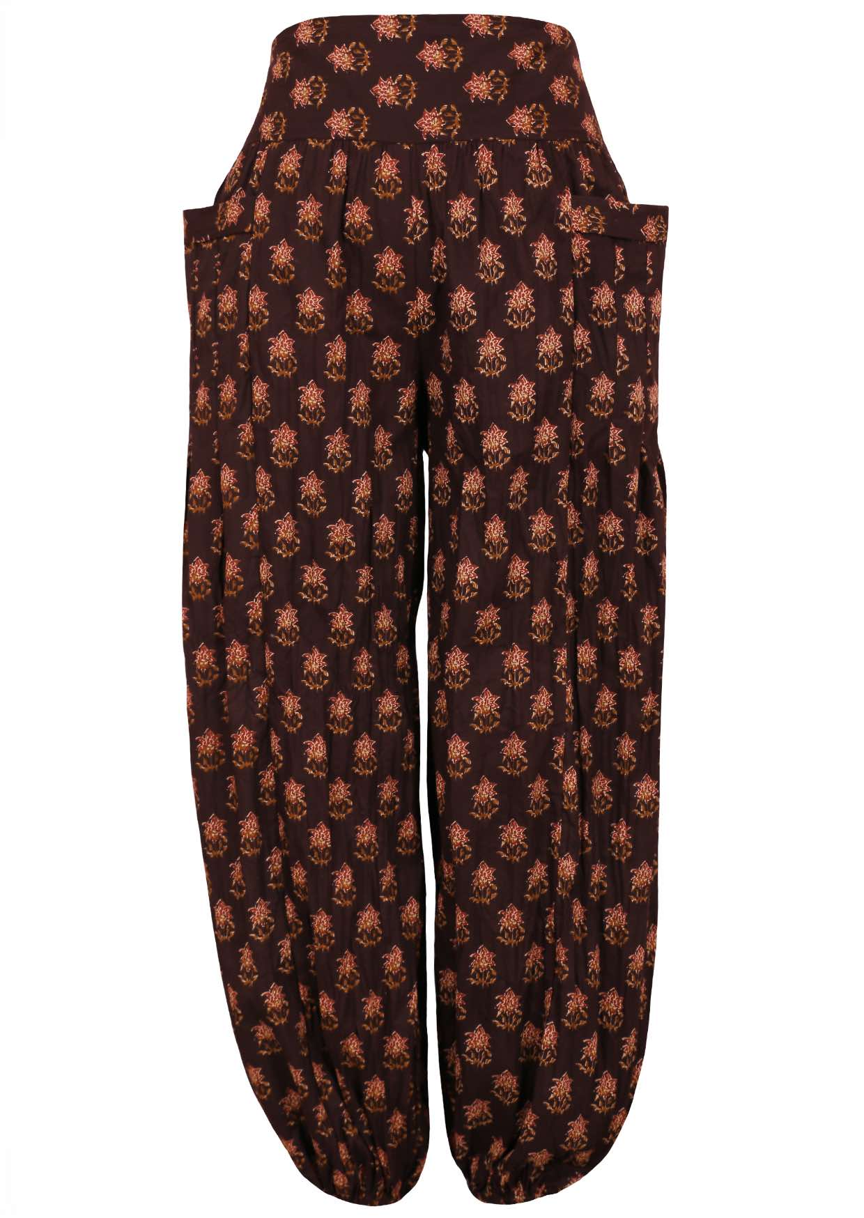 Lightweight and soft cotton harem pants with wide waistband, deep pockets and elasticised ankles.