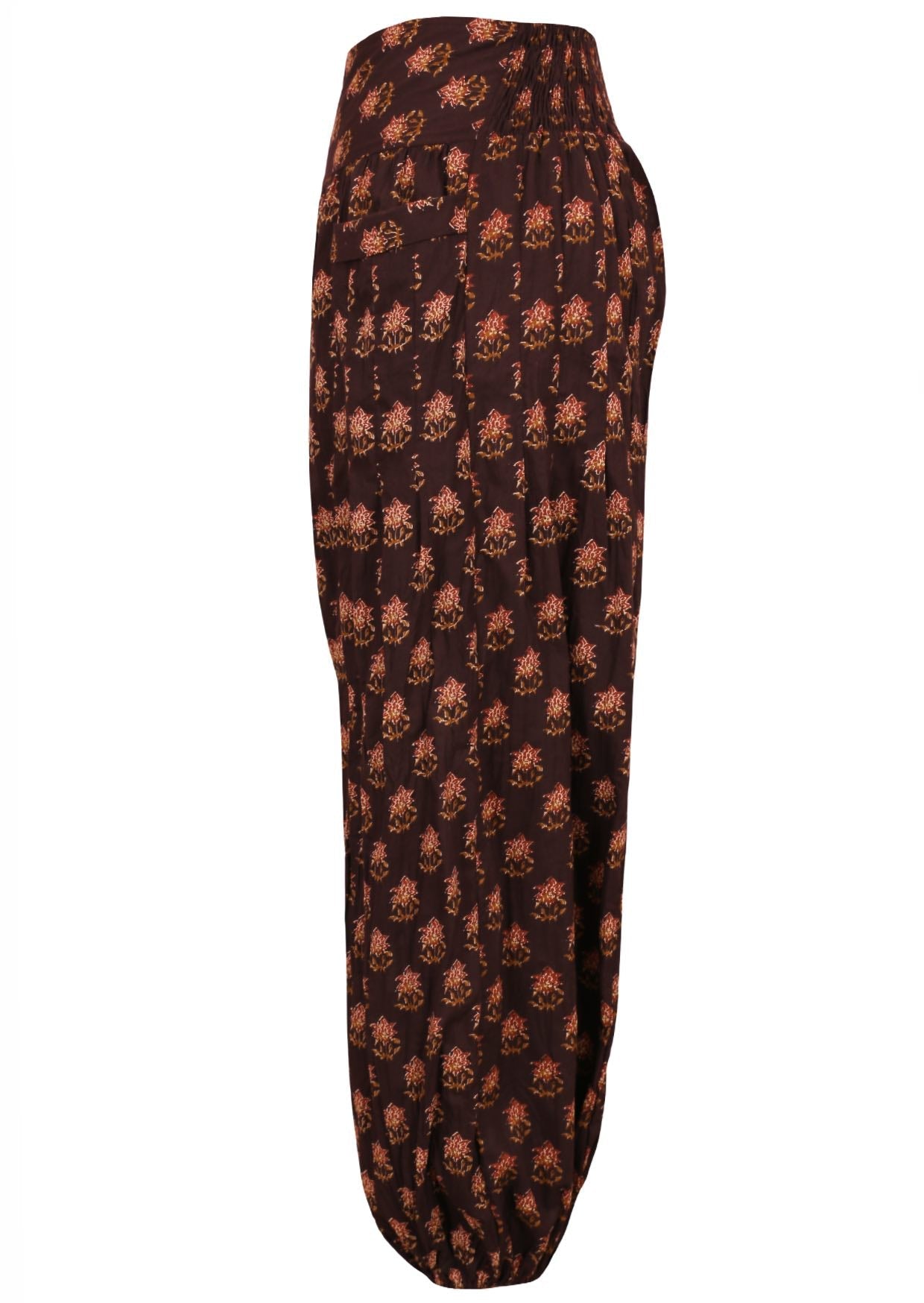Side image of 100% cotton boho style pants with printed floral pattern on brown base.