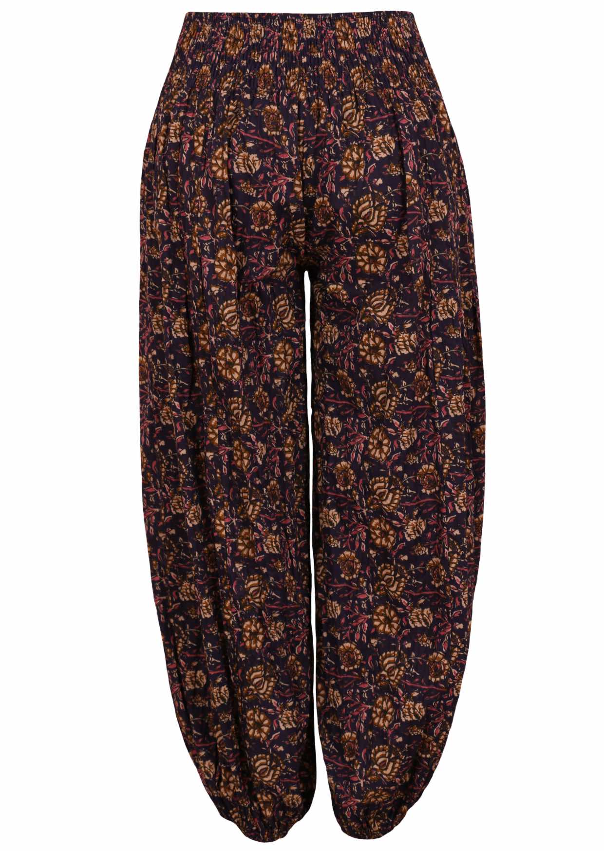 Cotton harem pants in delicate floral design on dark purple base with deep pockets and elasticated waist.