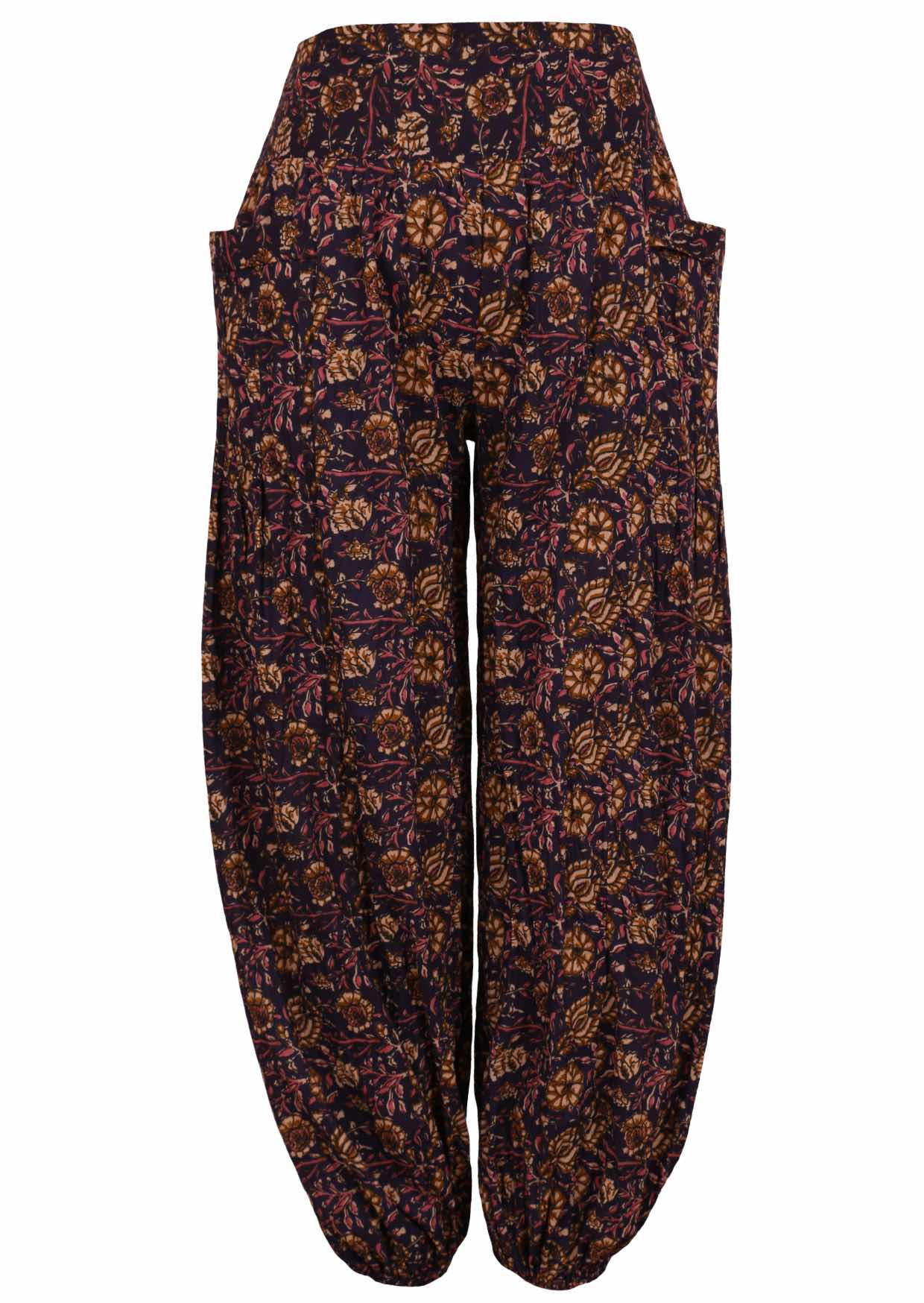Cotton harem pants with deep pockets and elasticated ankles in dark purple based floral print.