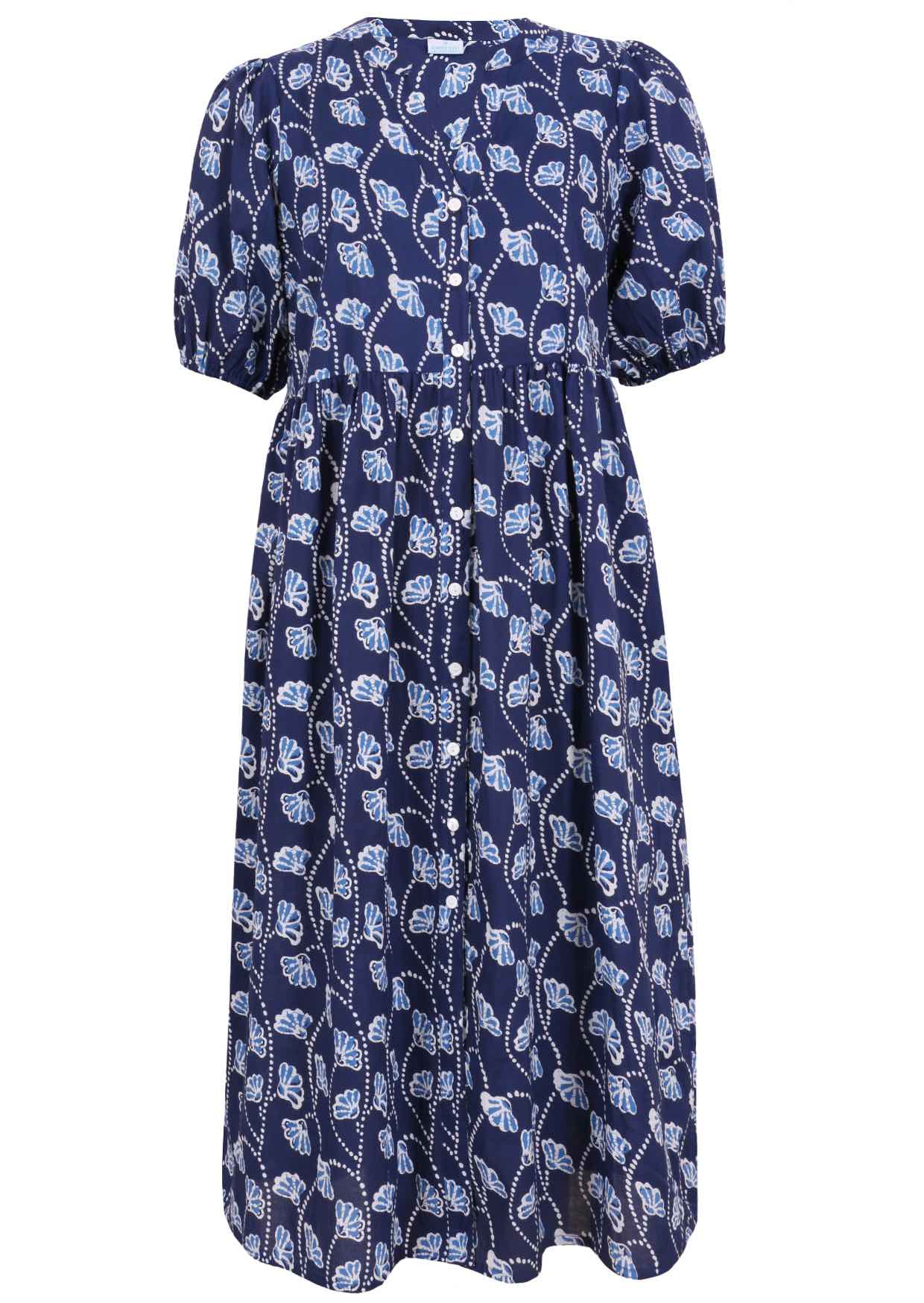 100% Cotton navy blue floral, button through dress with elbow length sleeves and pockets.