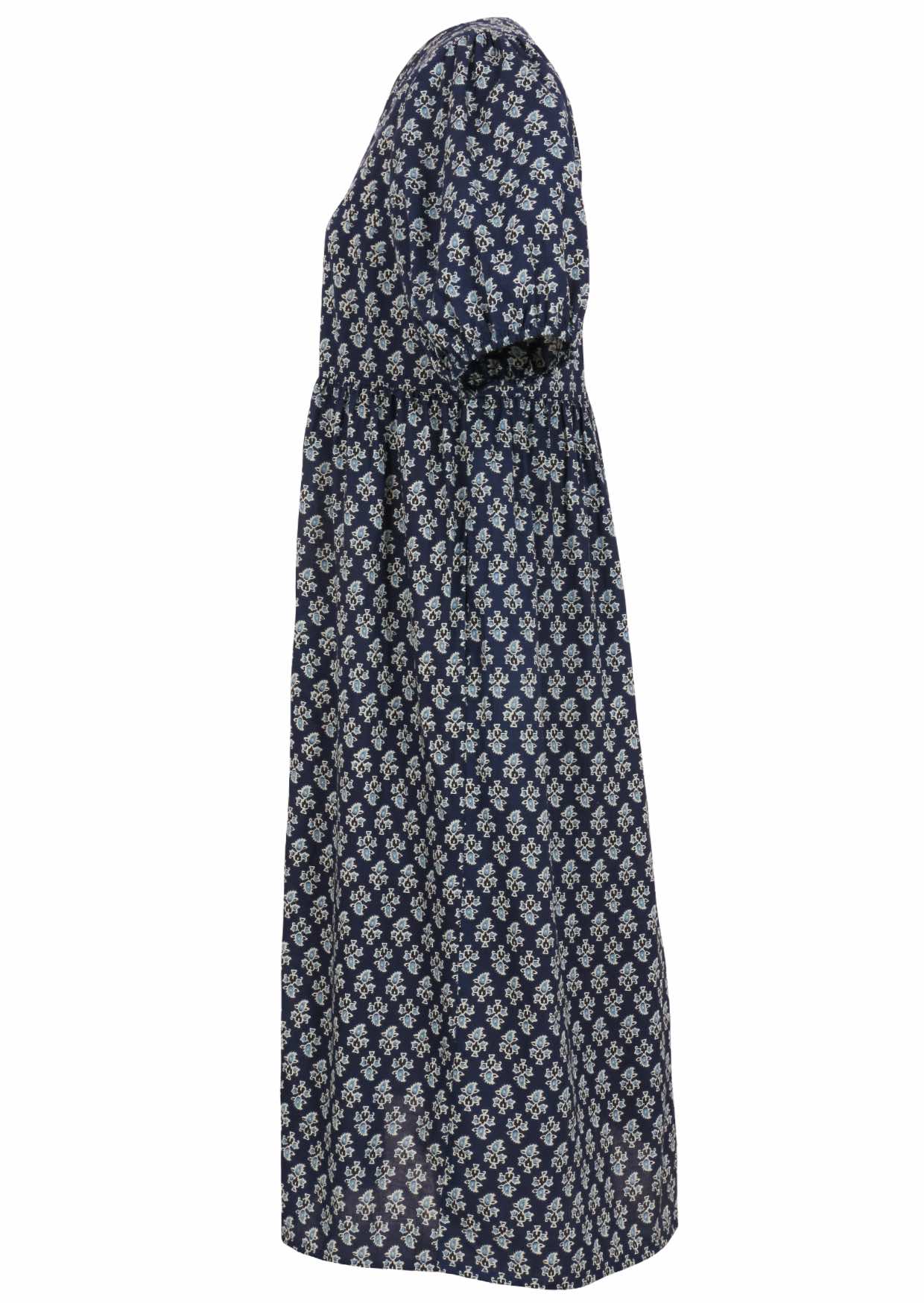 Side view of navy blue floral motif printed cotton midi length button through dress with hidden side pockets.