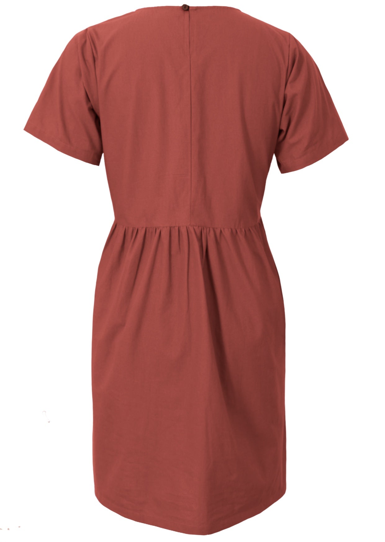 Back view of 100% cotton loose fitting dress with short sleeves, small pin tucks at the waist and button clasp at back of the neck