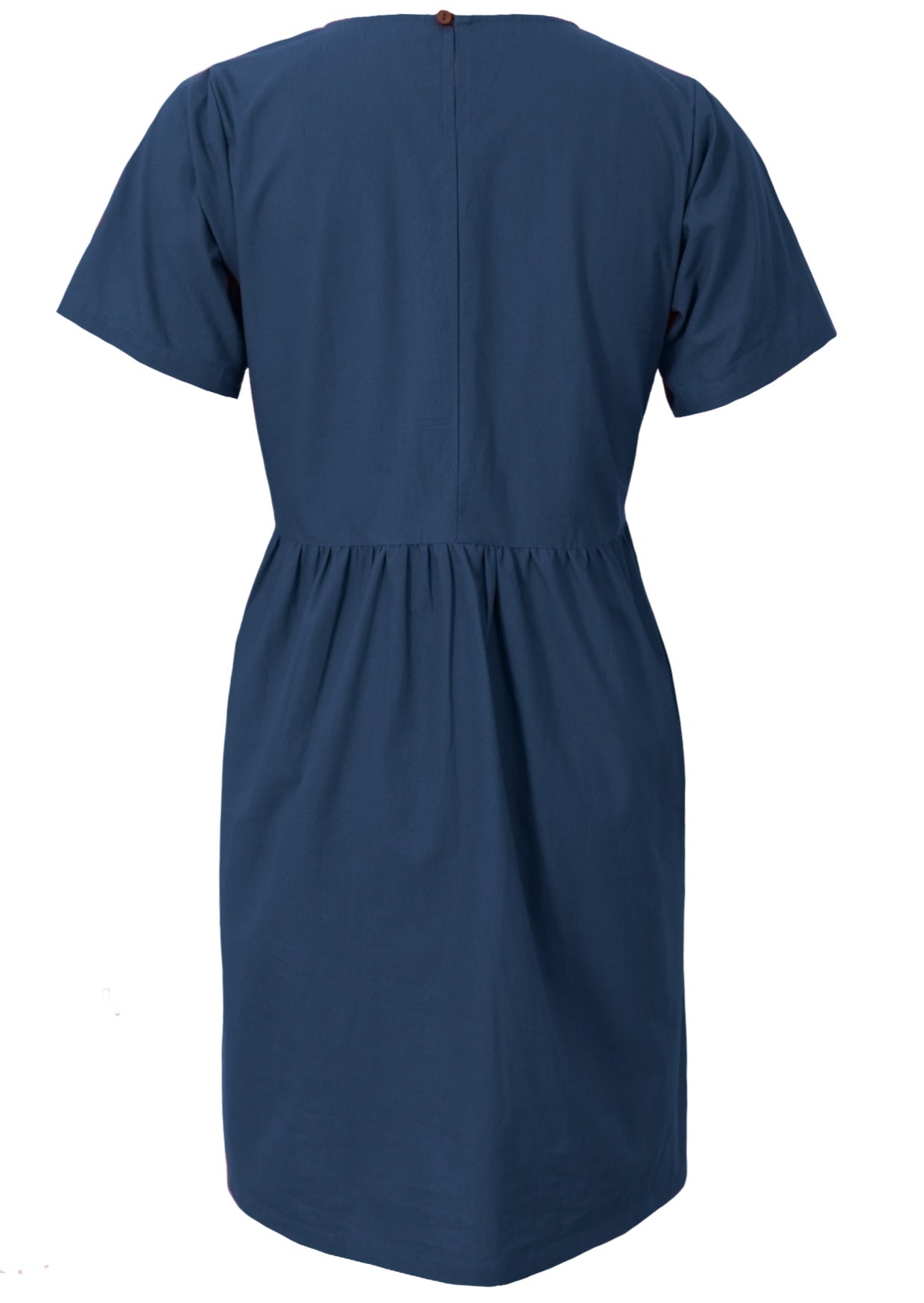 Back view of relaxed fit short sleeved cotton dress with pockets, small pin tucks at the waist and button clasp closure