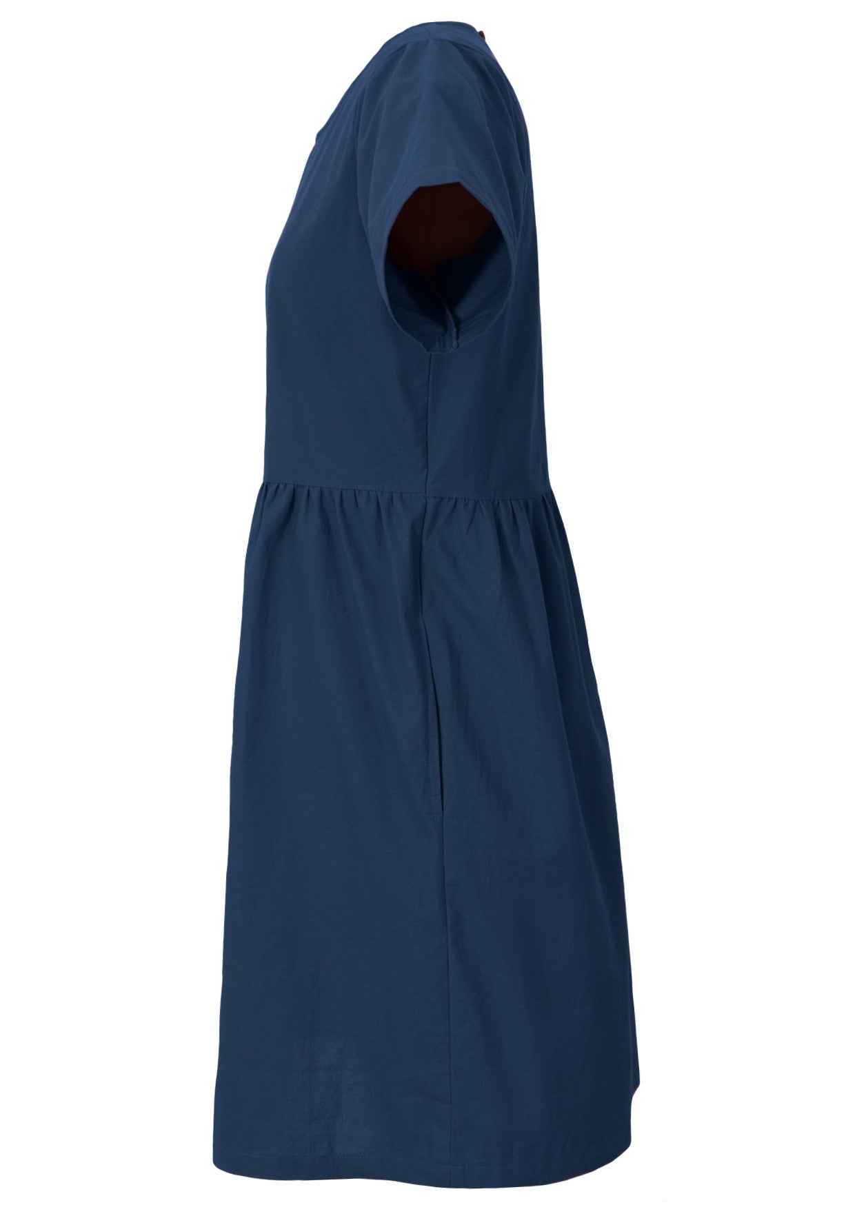 Loose fitting above knee length cotton dress in dark sea blue with short sleeves and hidden side pockets