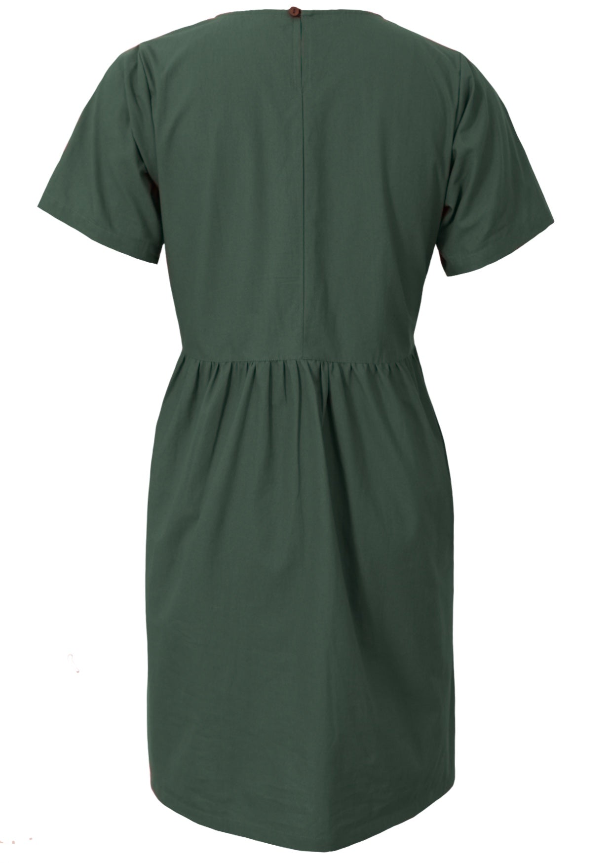 Green loose fit cotton dress with button at nape of neck, short sleeves and pockets