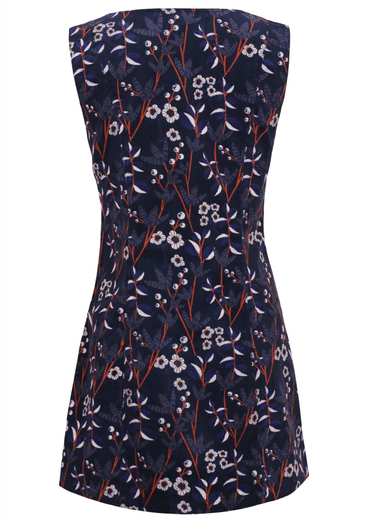 Cotton corduroy sleeveless tunic with fun retro floral print on a dark base, with side zip