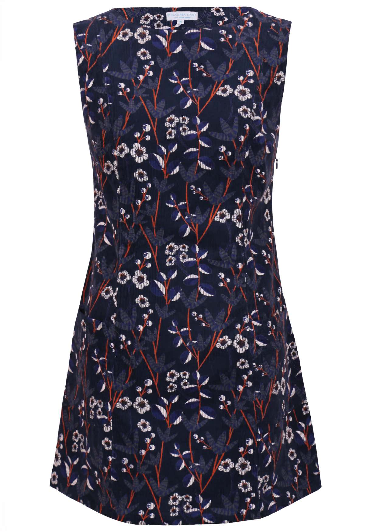 Cotton corduroy sleeveless tunic with fun retro floral print on a dark base