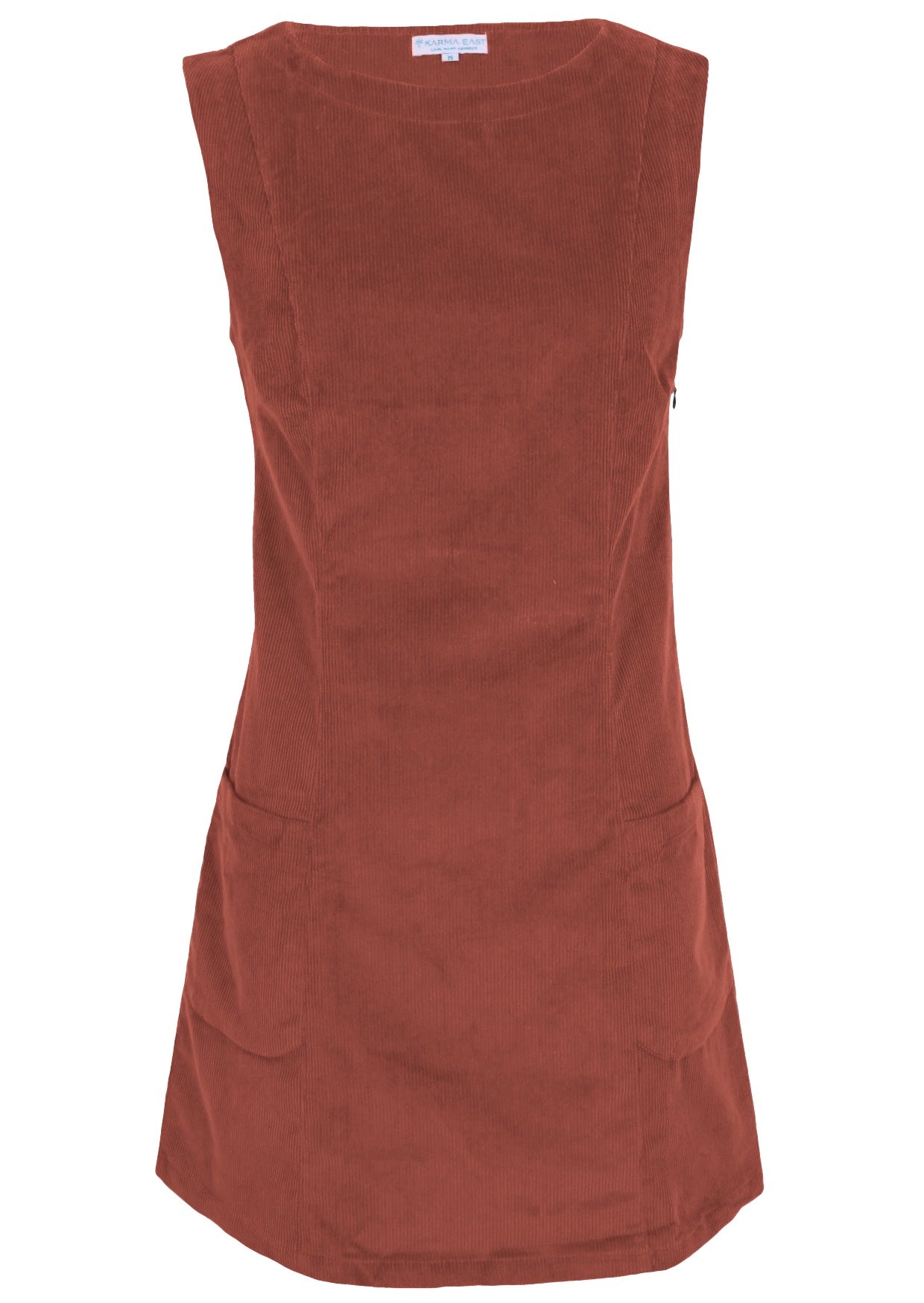 Front mannequin photo of cotton corduroy tunic in burnt henna with boat neck and front pockets