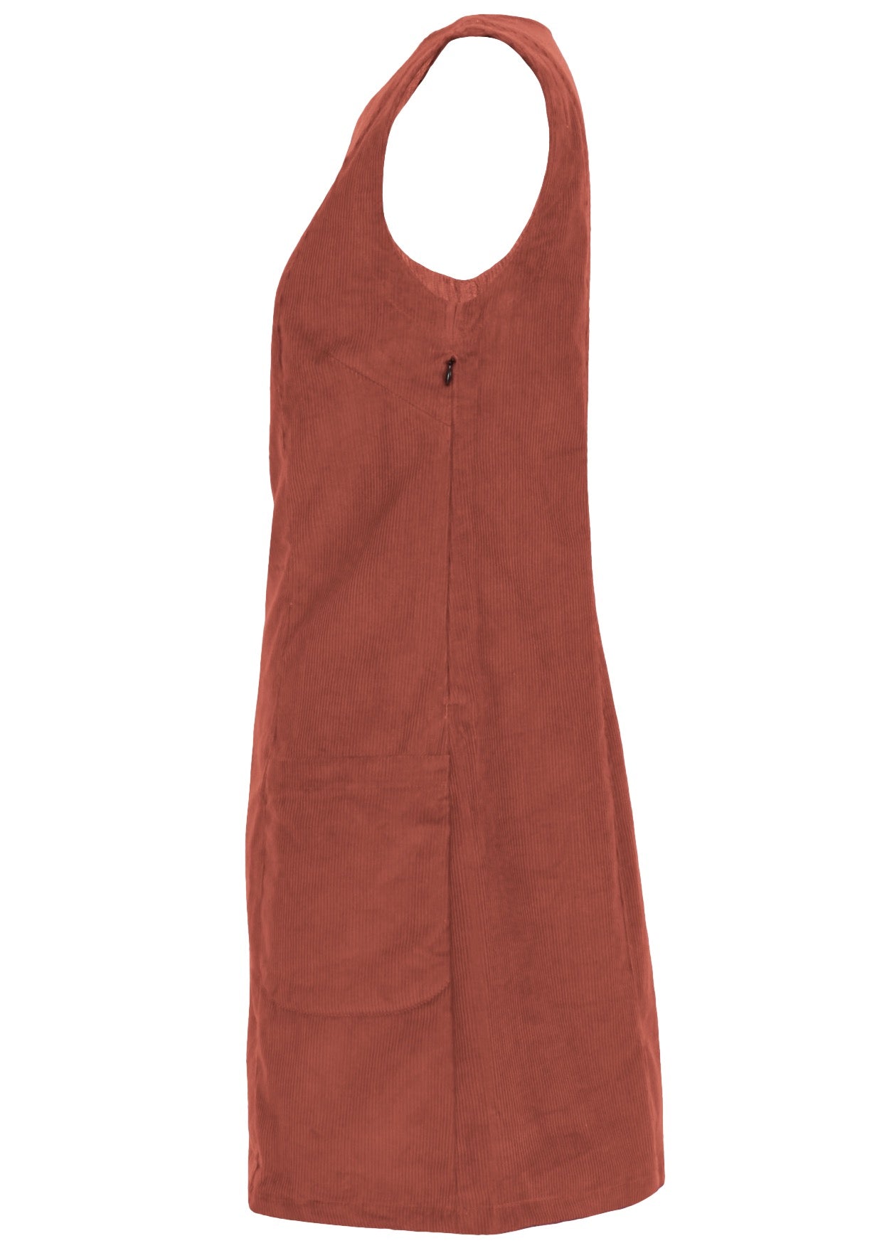 Side mannequin photo of cotton corduroy sleeveless tunic in burnt henna with side zip