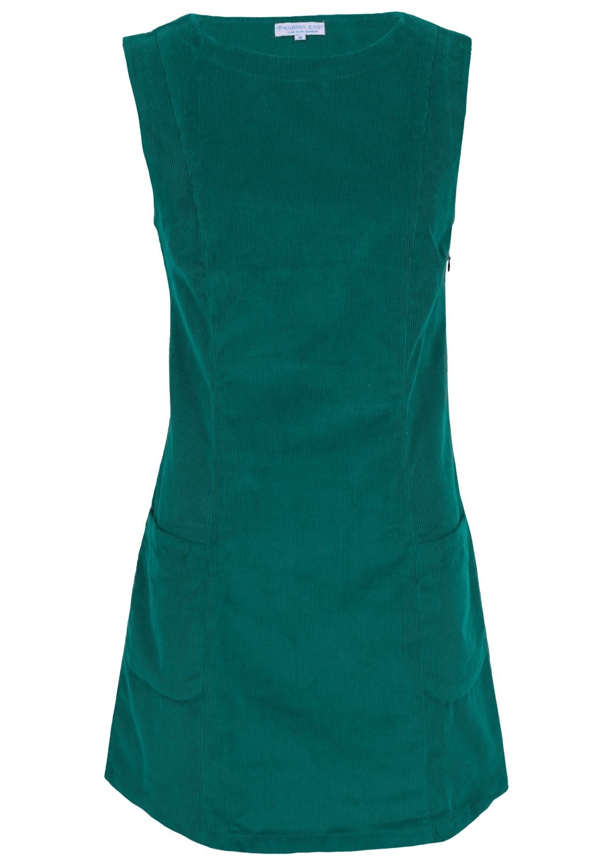 Front mannequin photo of cotton corduroy tunic in teal colour with boat neck and front pockets