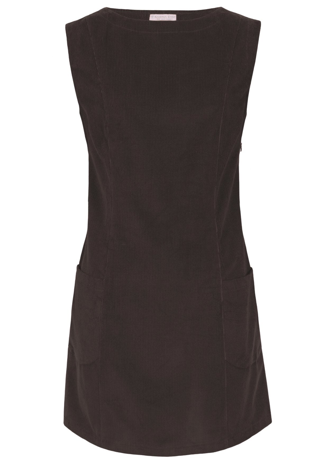 Front photo of cotton corduroy tunic in Ganache with boat neck and front pockets