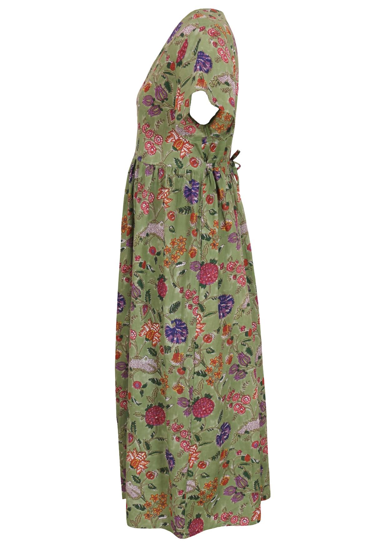 Green based multi-coloured folk style florals print cotton dress with pockets.