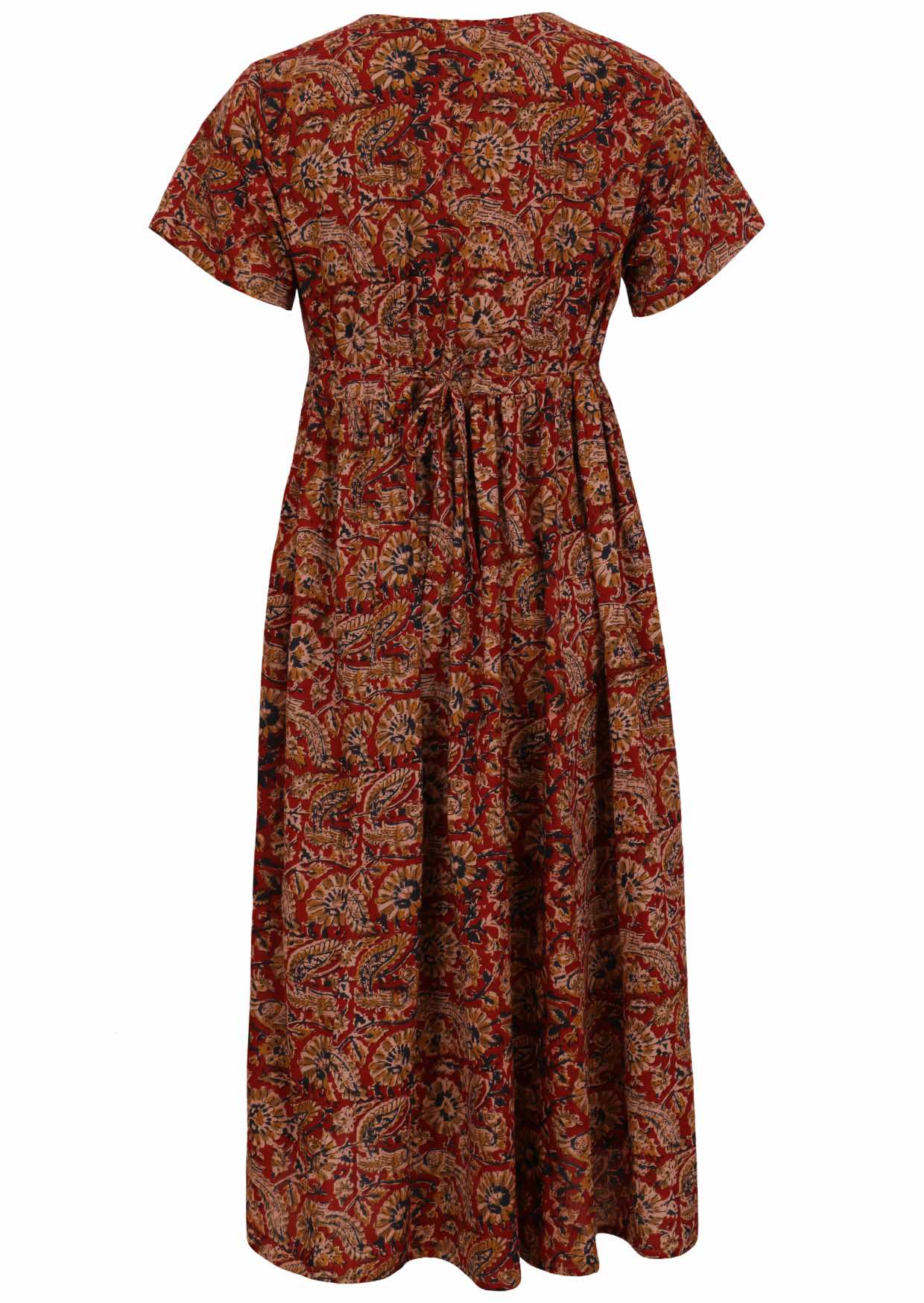 Earthy toned floral printed cotton dress with short sleeves and shoestring side ties for gathering waist.