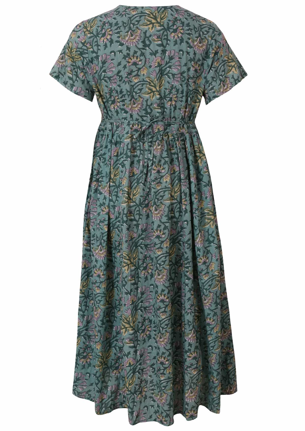 Back view of 100% cotton sage green midlength relaxed fit dress with short sleeves and shoestring tie