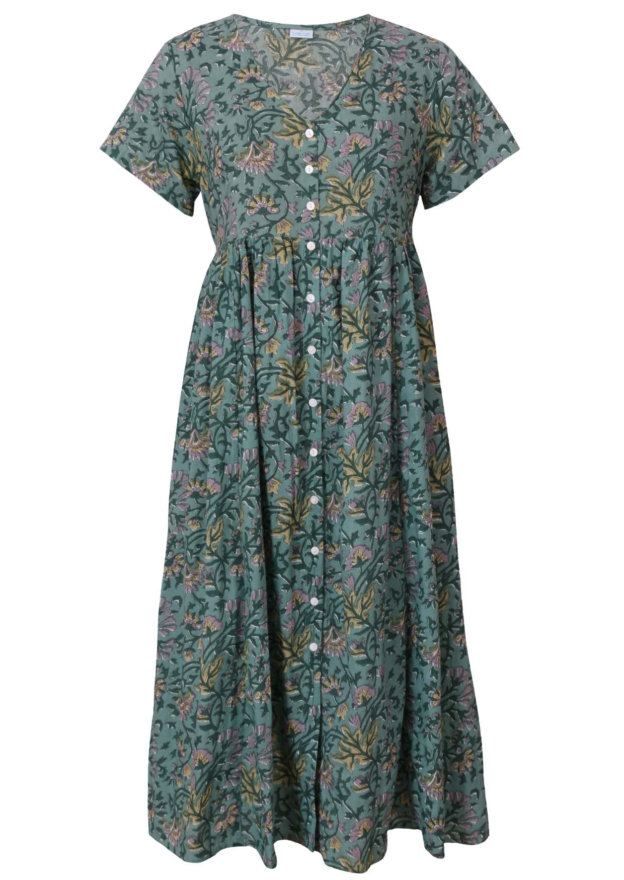 100% cotton floral print dress with V neckline, button front and short sleeves in sage green based grey and yellow floral print