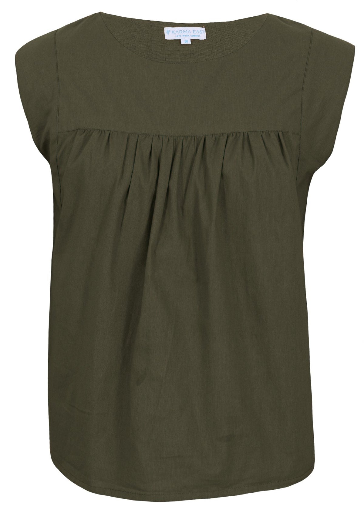 Front mannequin photo of cotton sleeveless top with gathers over bust, in olive green shade
