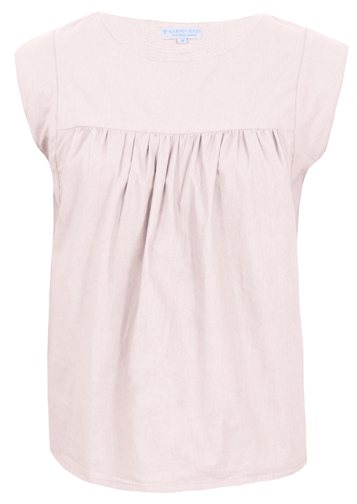 Front mannequin photo of cotton sleeveless top with gathers over bust, in natural white