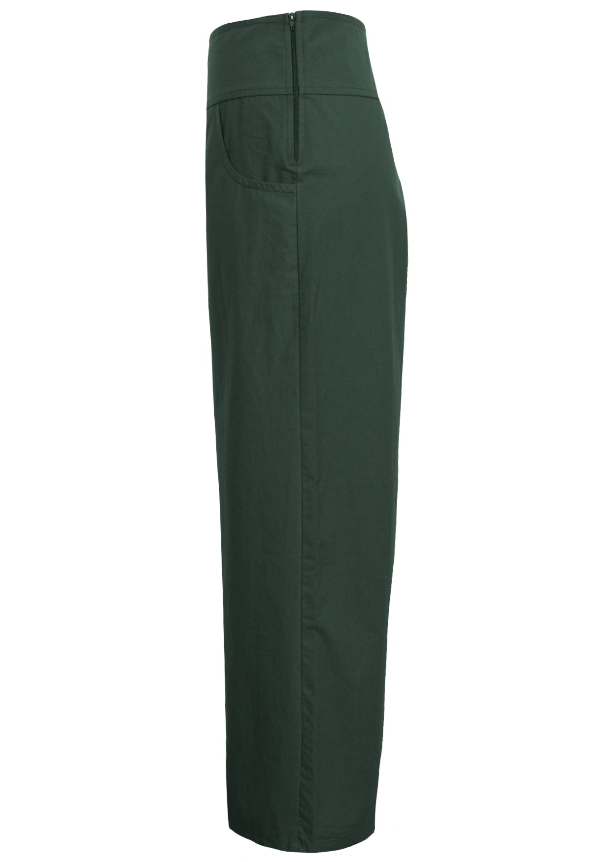 Green wide-leg full length pants with pockets and a side zip