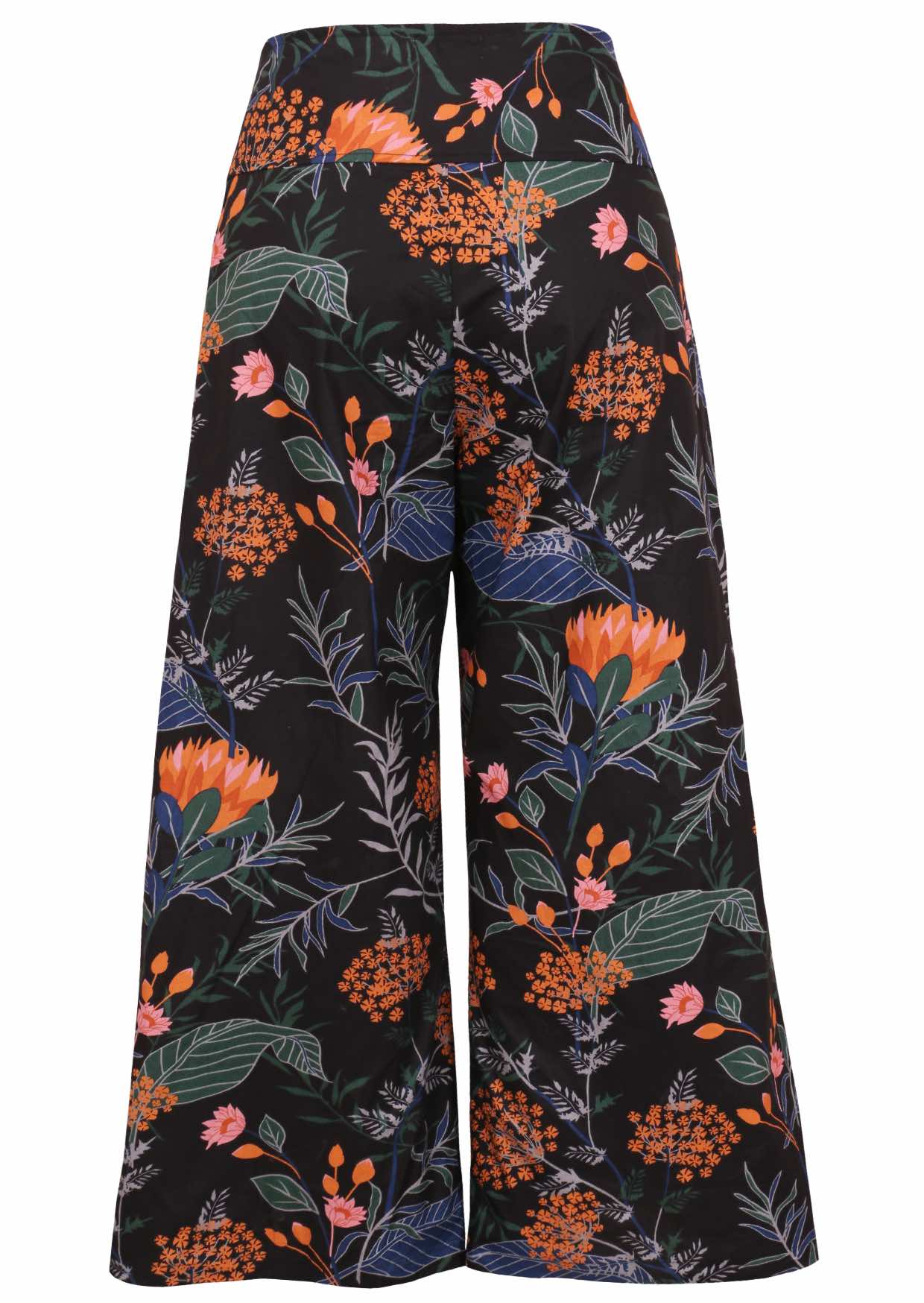 Black floral 100% cotton wide leg pants with side zipper and pockets