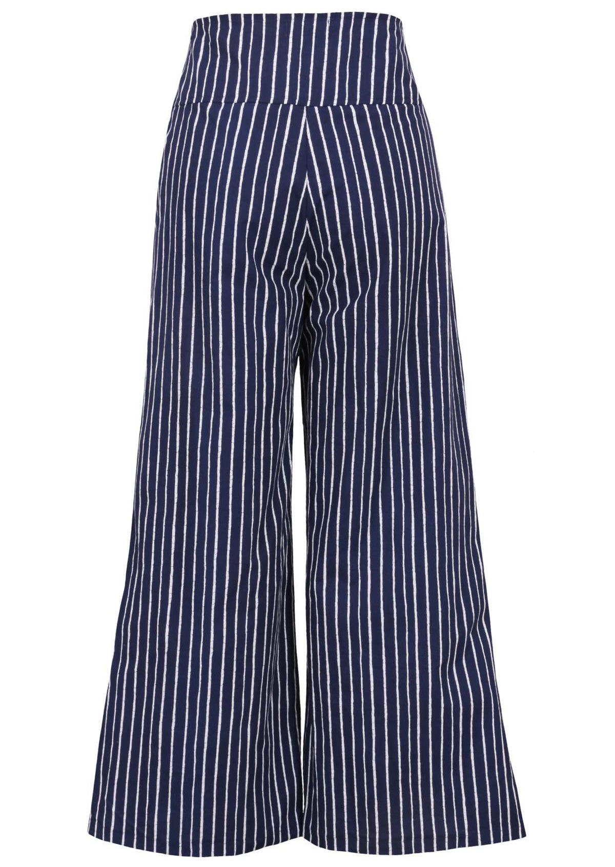 Back view of women's 100% cotton wide leg pant with side zip
