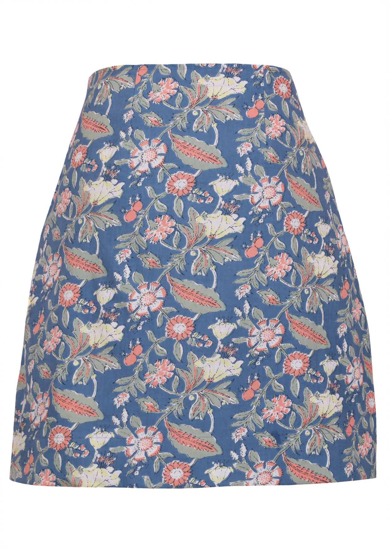Back view of mid length cotton reversible skirt featuring two gorgeous floral prints and a side zipper