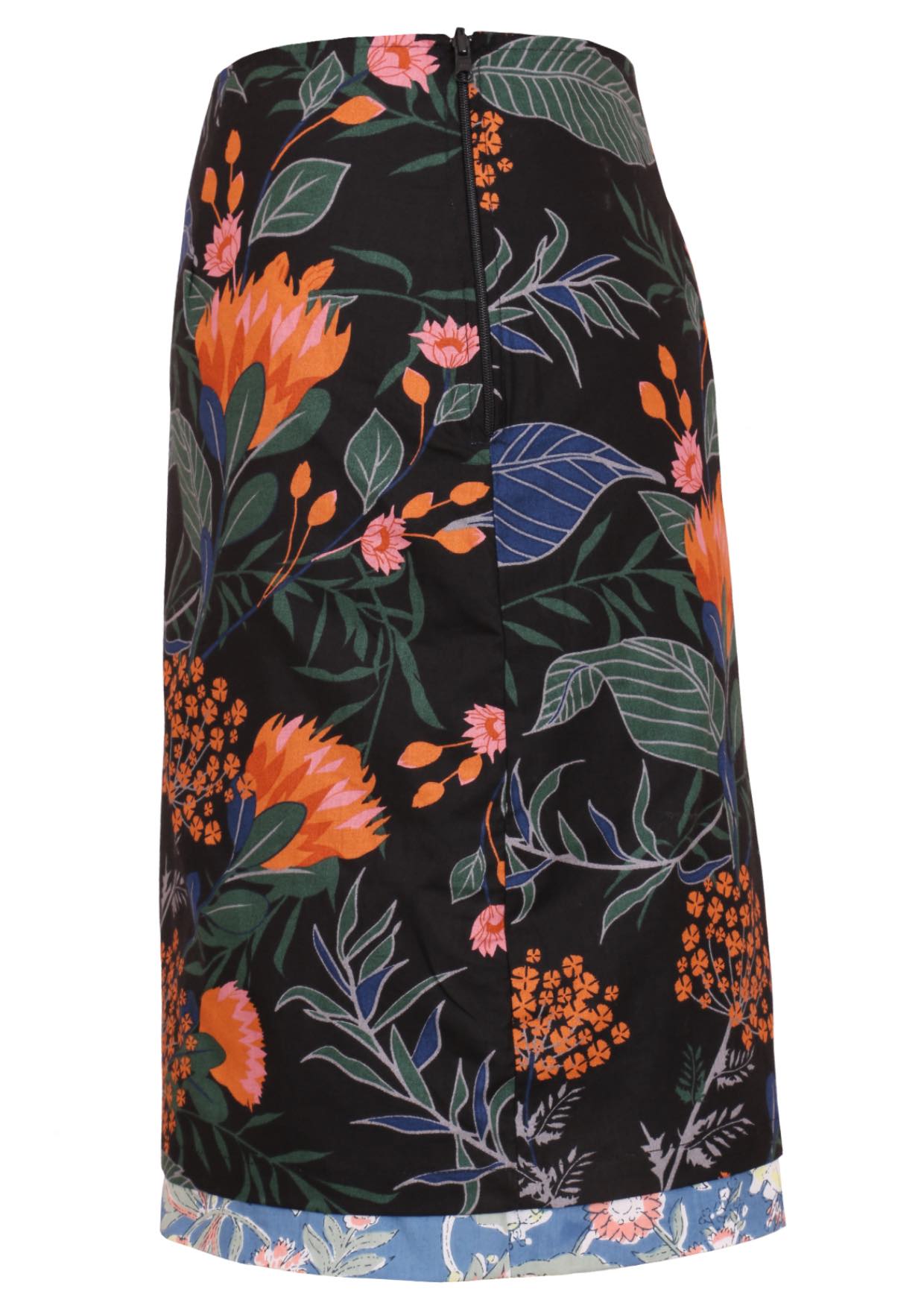 Mid length reversible skirt in beautiful black botanic queen protea print with the pop of dusty blue floral printed band on the base