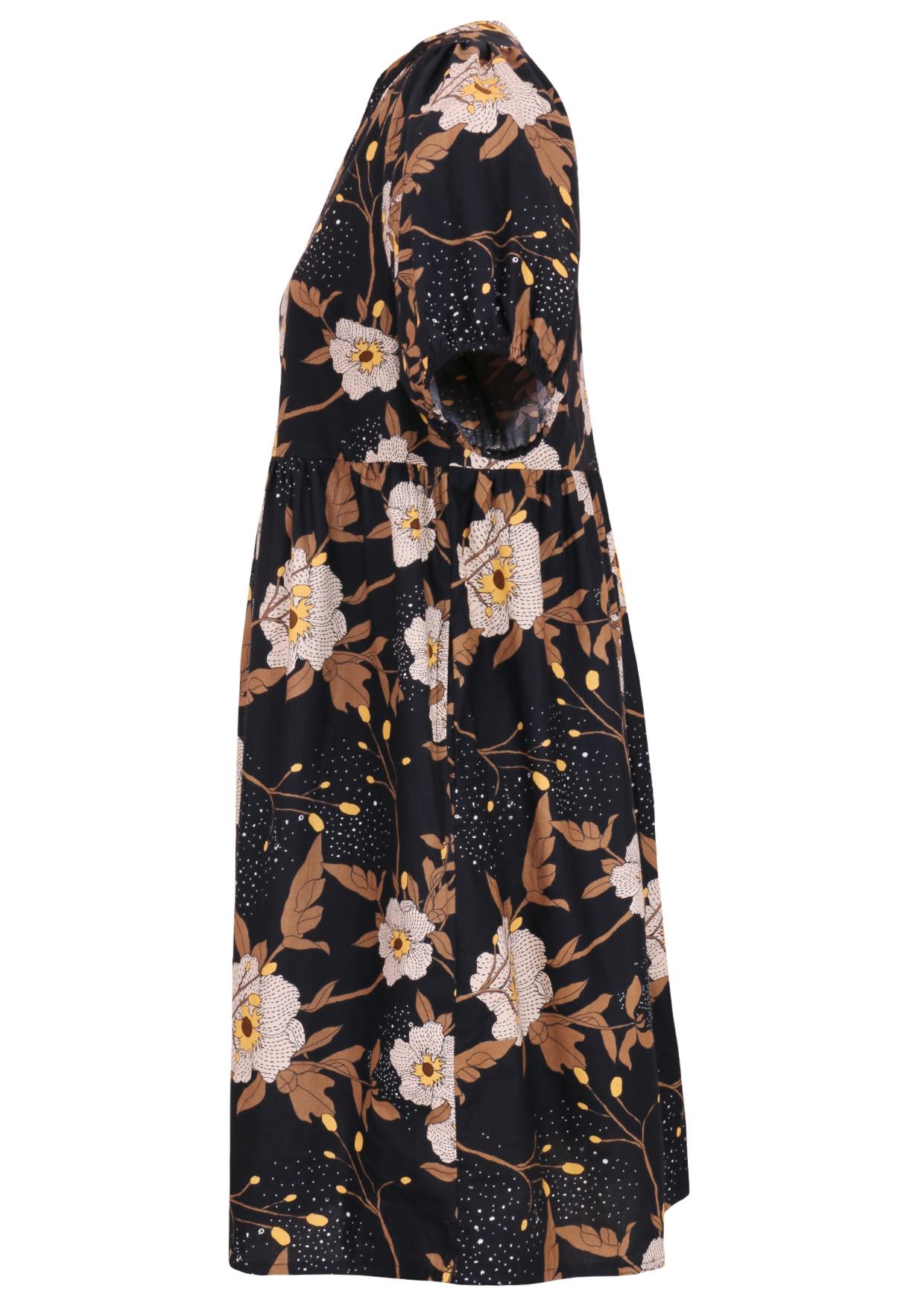 100% cotton dress in black based floral print with pockets.