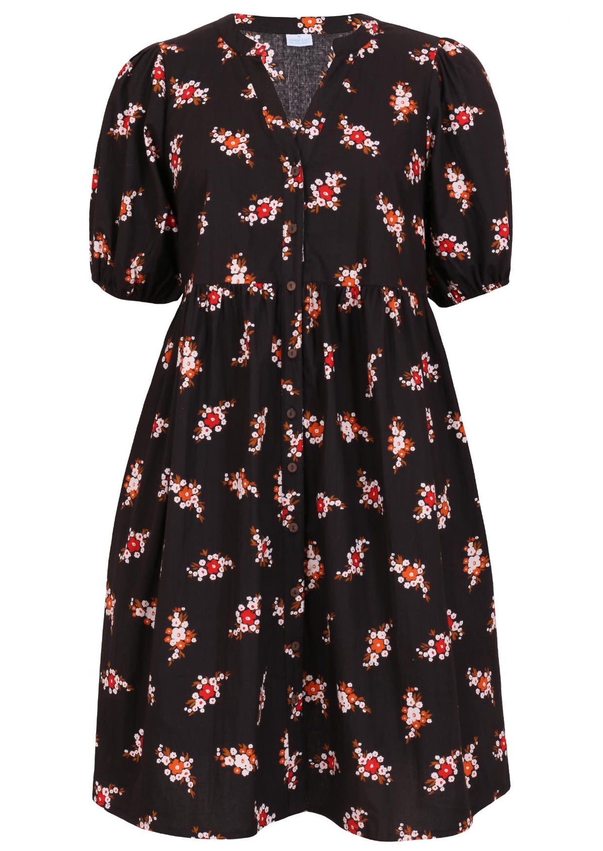 V-neck cotton dress with black based floral print.