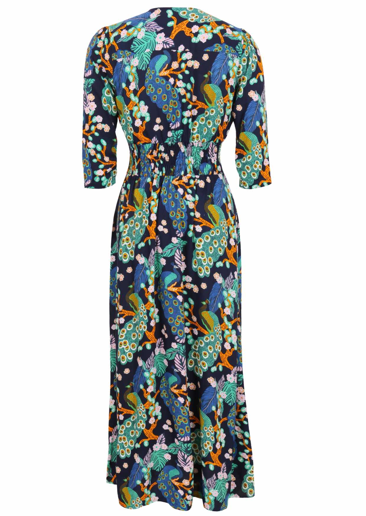 Back view of 3/4 sleeved rayon maxi dress with buttoned bodice, V-neckline and a wide shirred waistband, in a floral and peacock print on a navy base