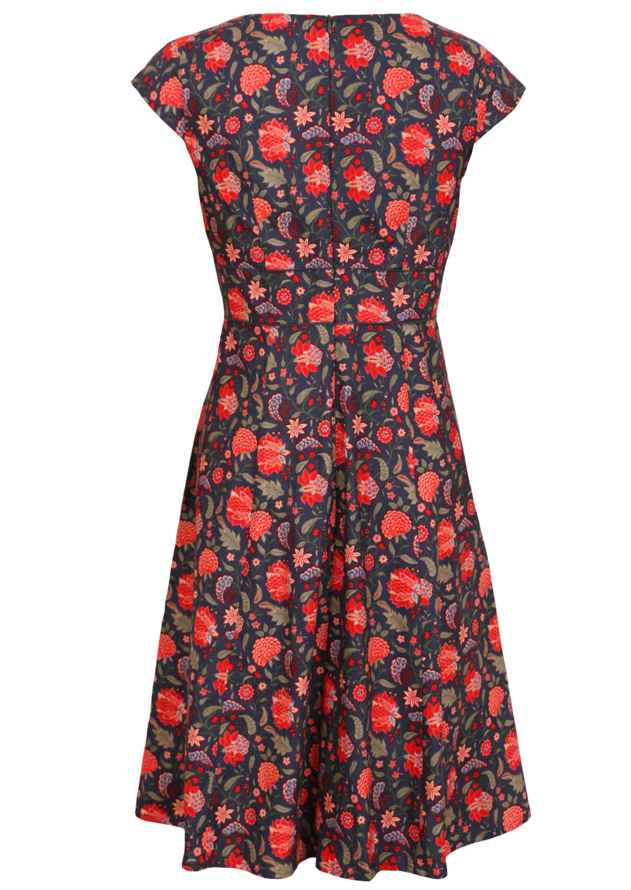 100% cotton dress with A-line skirt, wide piped waistband and central zipper at the back.