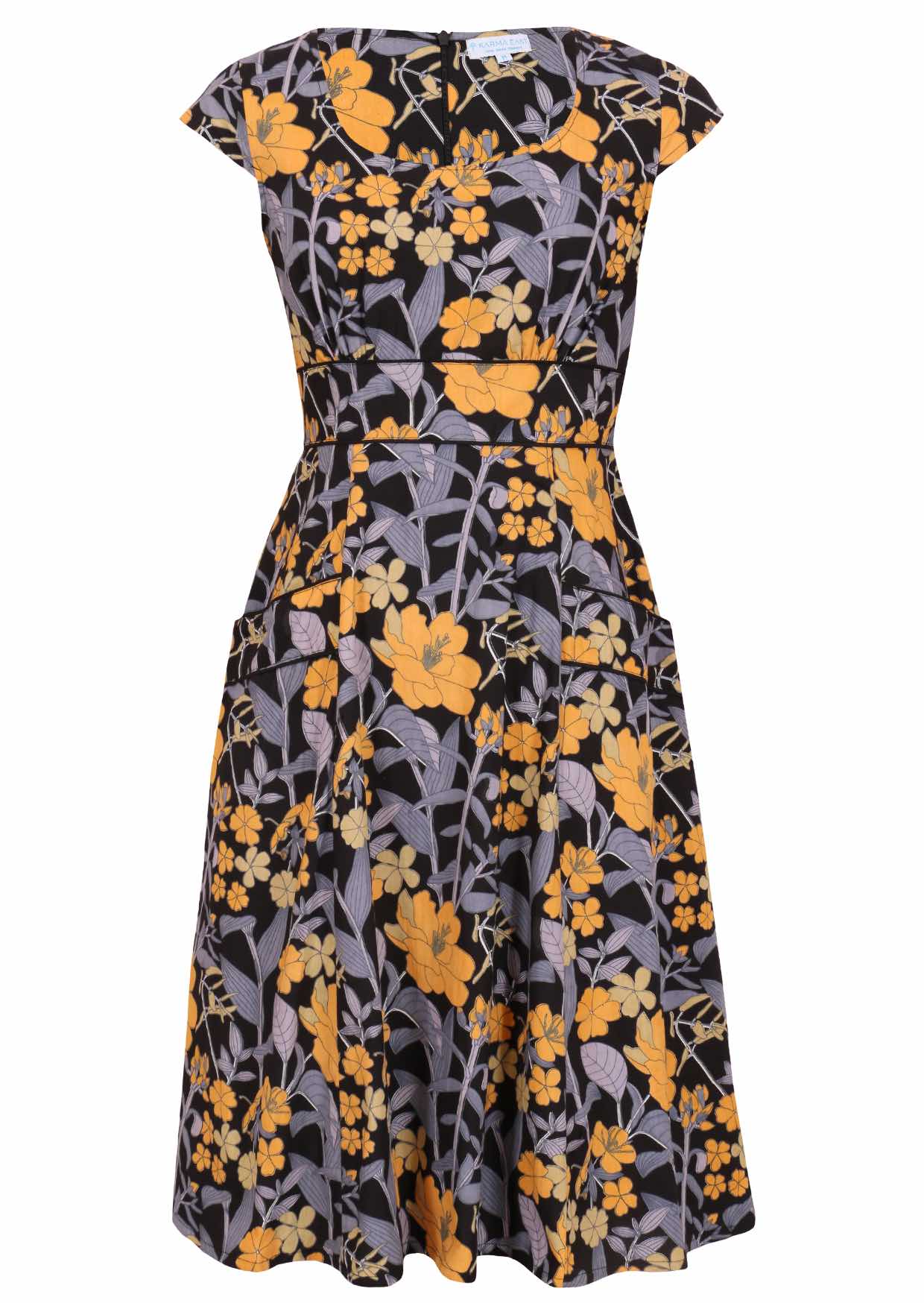 100% cotton knee length retro style dress in black with yellow, and blue-grey florals with cap sleeves and a round neckline