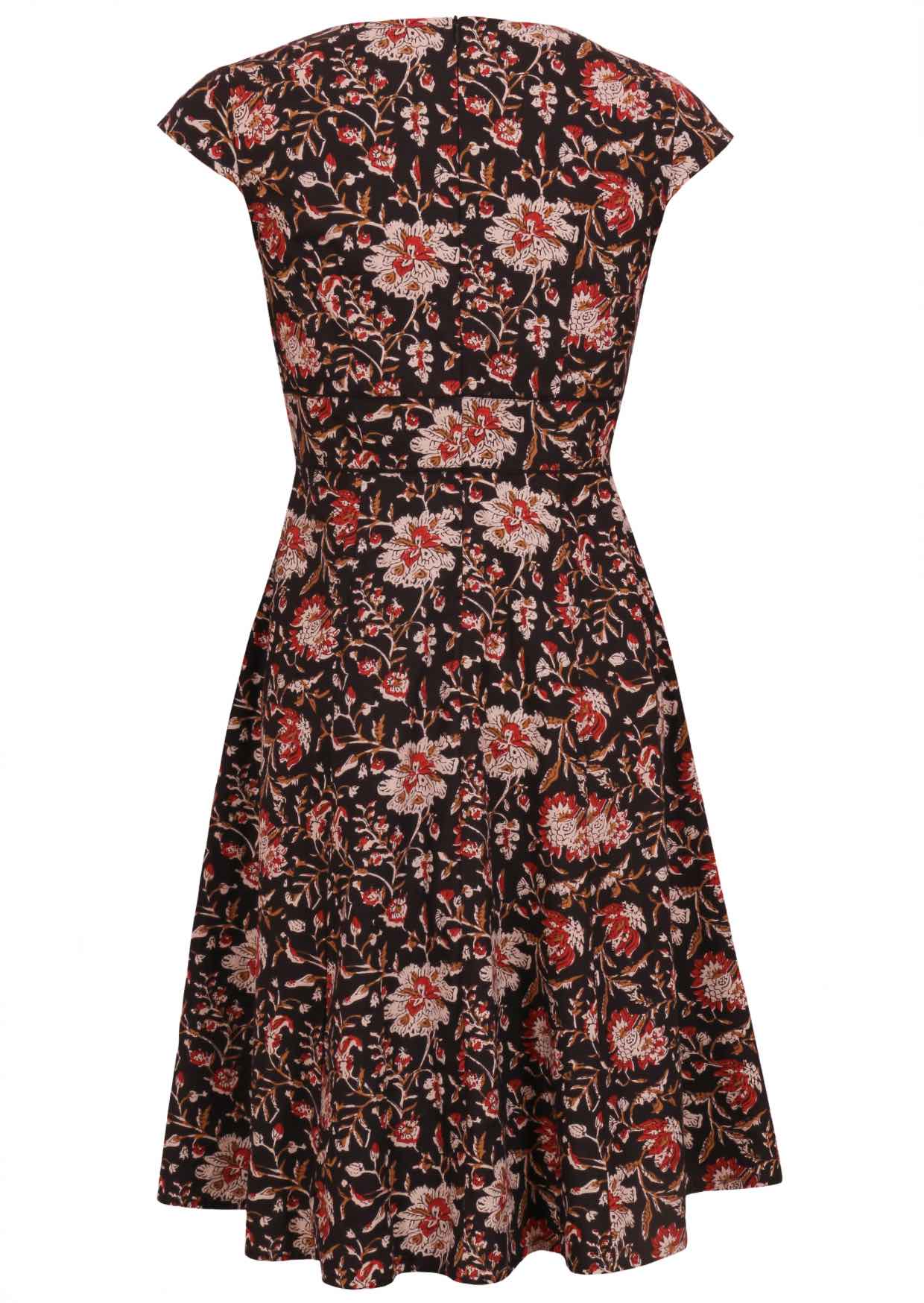Black Floral Cotton dress with A-line skirt, wide piped waistband and central zipper at the back