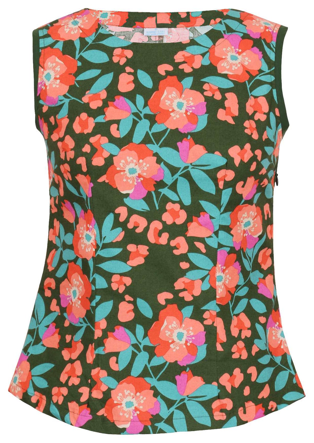 Floral print sleeveless fitted cotton top with olive green base trim around the arm holes