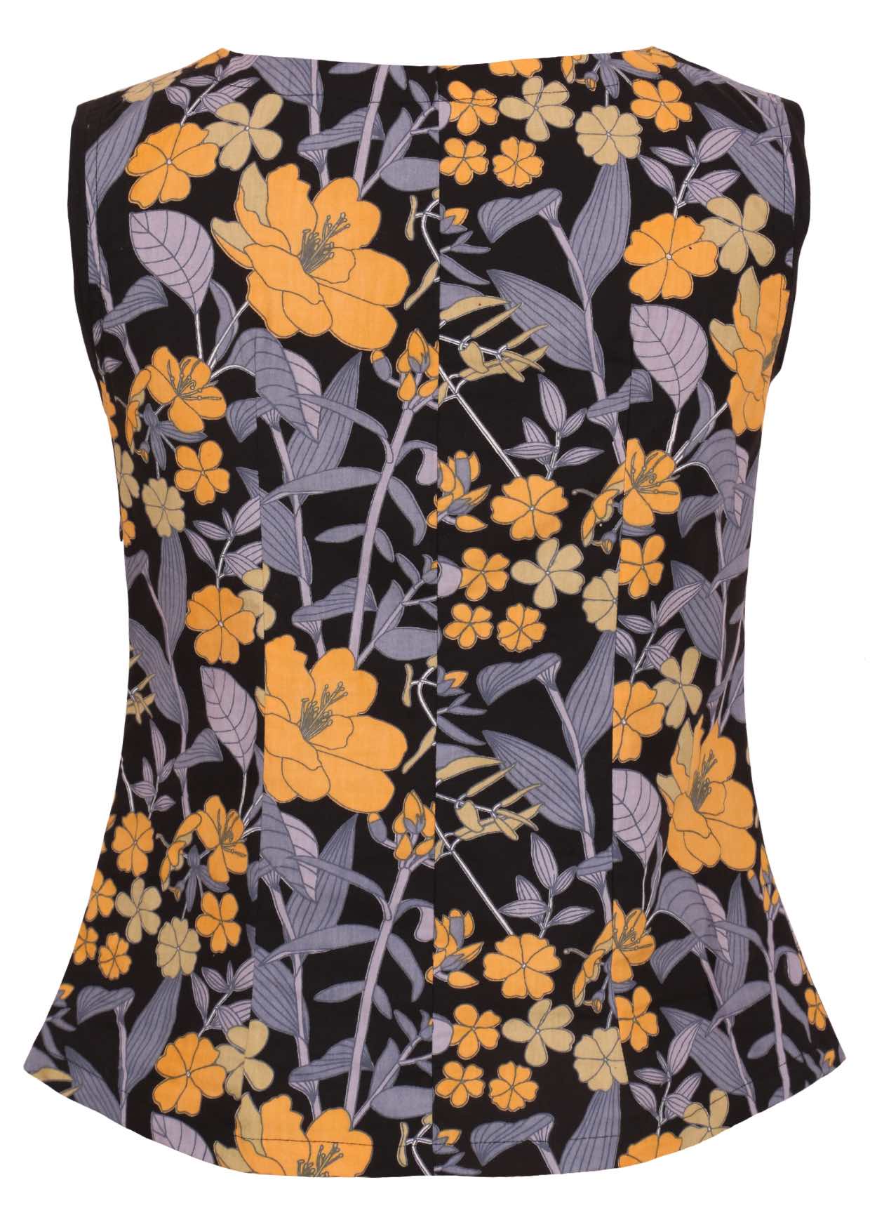 Floral print sleeveless top with yellow and blue-grey flowers on a black background