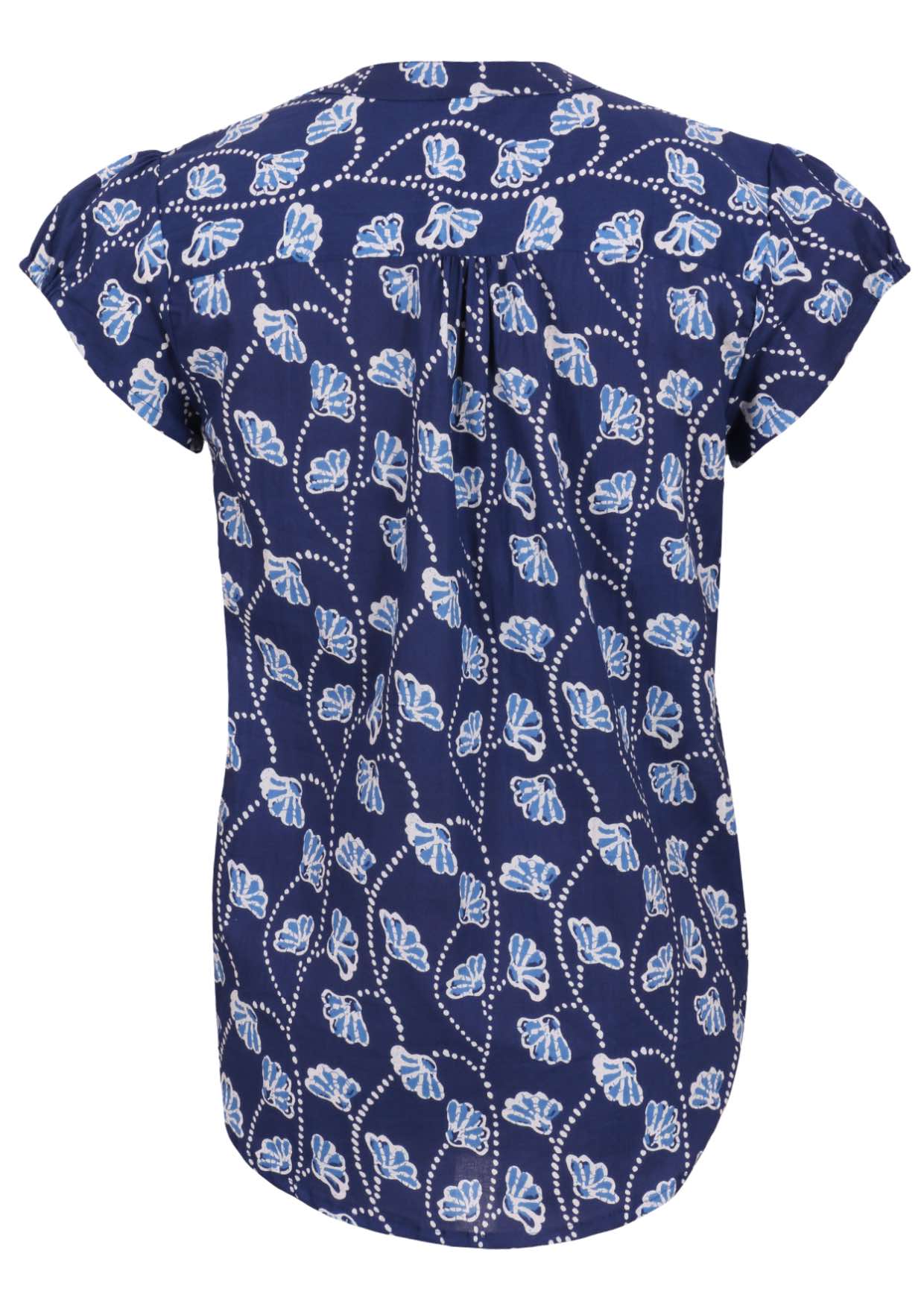 Back view of navy blue based floral print 100% cotton top on a white background.