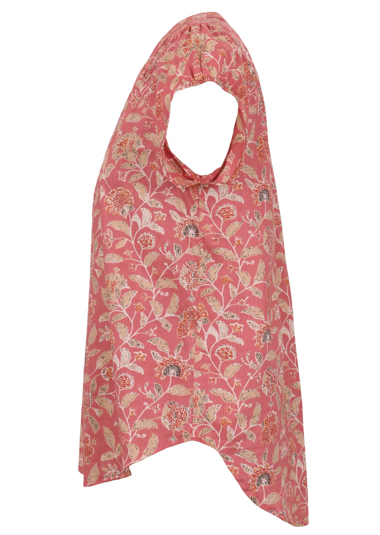 Rose pink based vintage style floral print cotton top with cap sleeves.