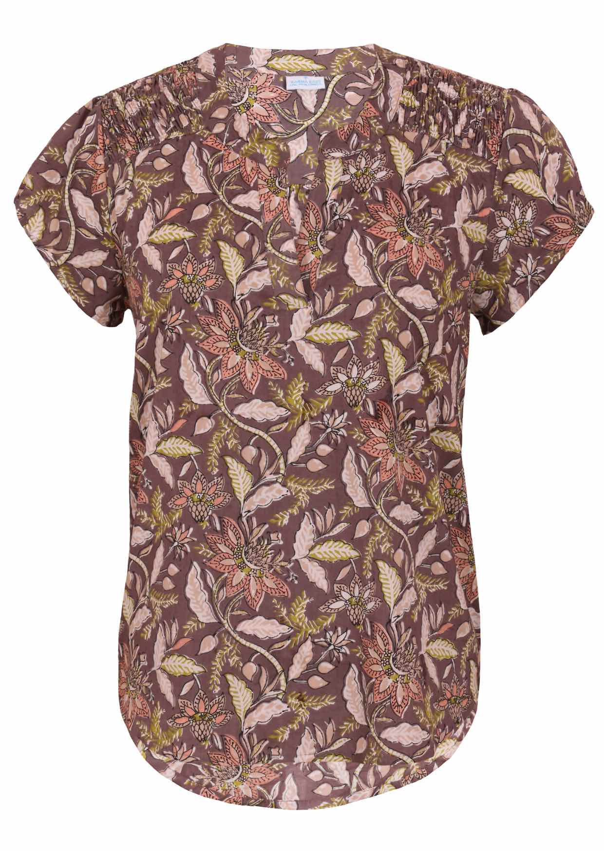 Cotton short sleeve top with ruched shoulders and V-neckline in taupe based floral print