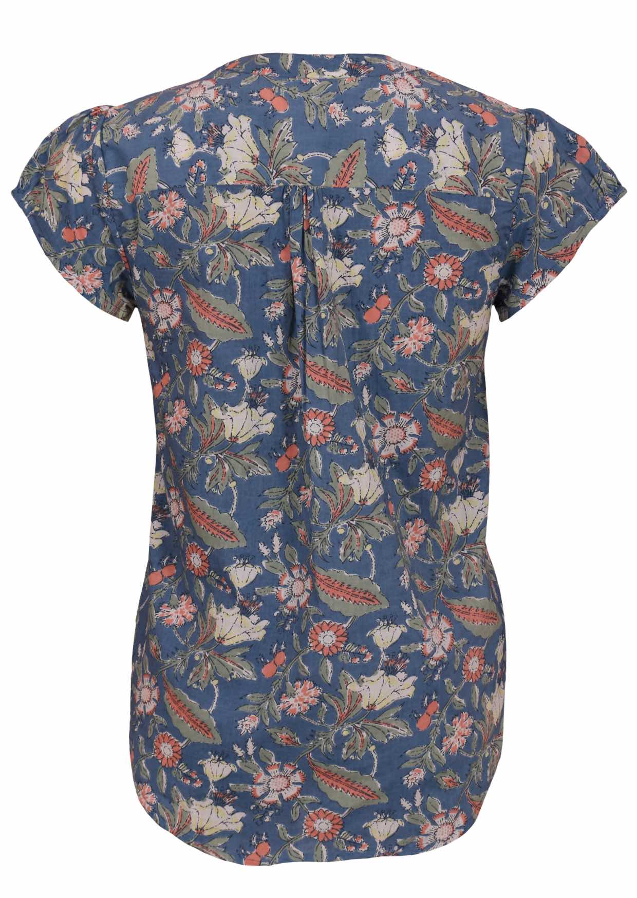 Cotton floral print blouse with cap sleeves and gather in centre at back
