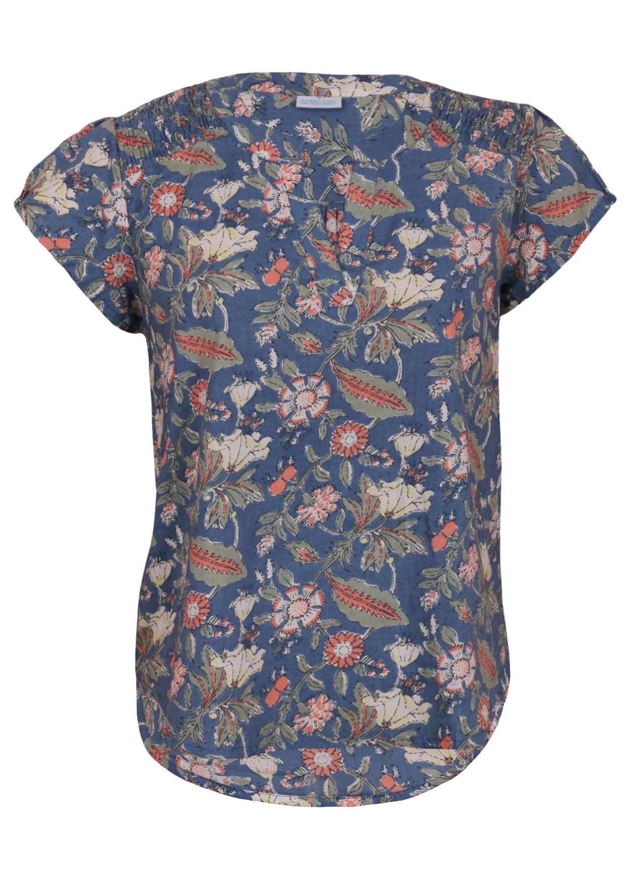 Cotton floral print blouse with ruched shoulder, V-neckline and cap sleeves