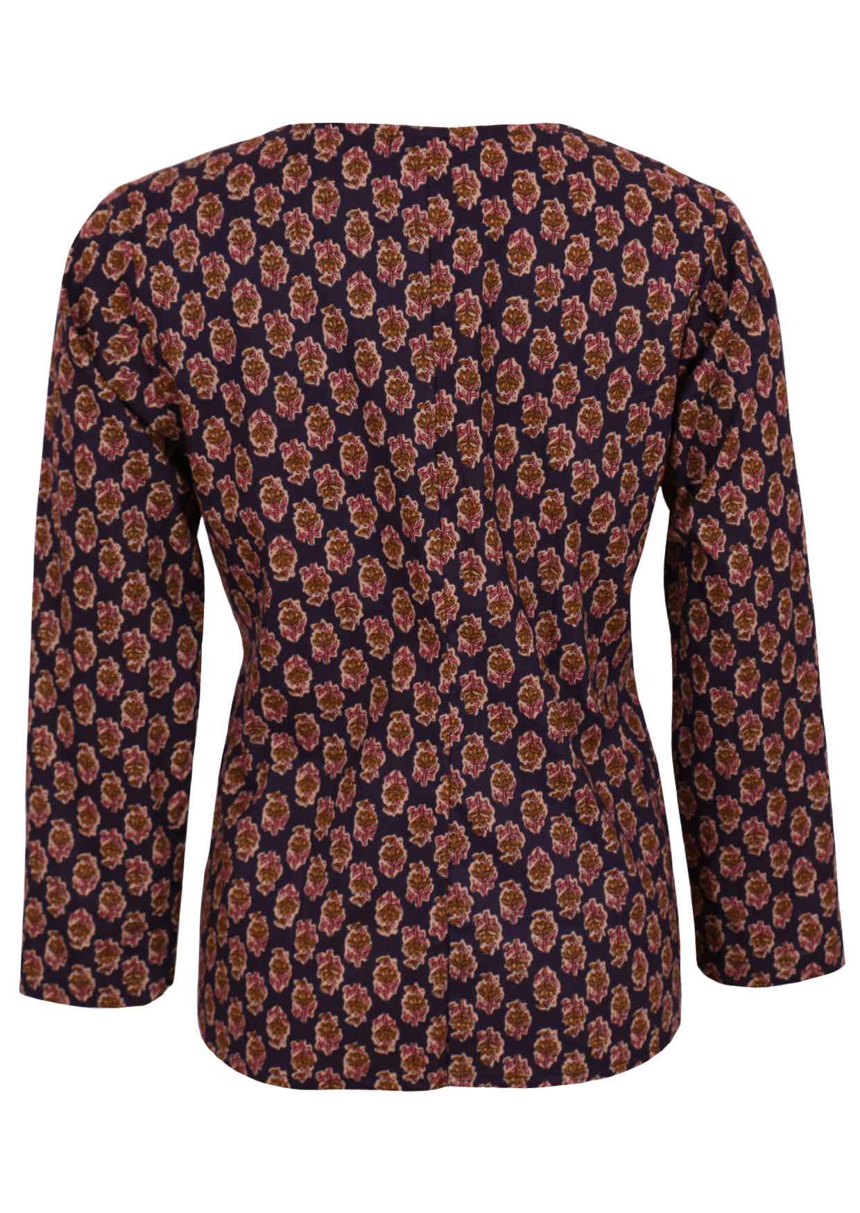 Back view of floral printed cotton top in dark purple with full sleeves.
