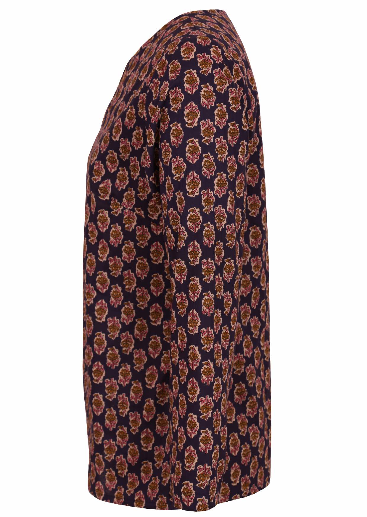 Side image of dark purple floral print shirt style top with long sleeves.