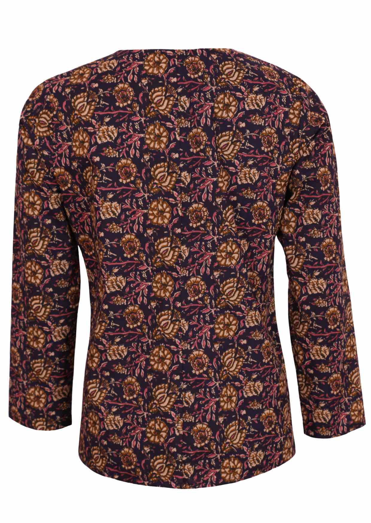 Lightweight cotton top with pink, cream and tan floral print on dark purple base base.